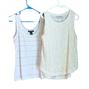 Lot of 2 Sz M White Knit Tank Tops WHBM Embellished Loft Lace Good for Layering